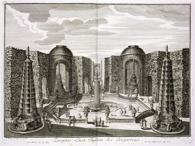 The fountain in the maze at the Princely Pleasure Palace and Gardens, Berlin (engraved by Karl Remshard) by Paul Decker